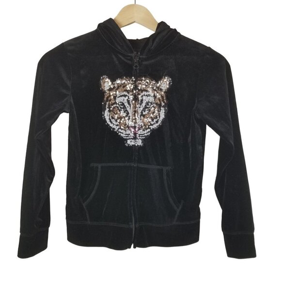 CHILDRENS‎ Place Jacket Girls Medium 7-8 Black Velour Sequin Tiger Full Zip Hood - Picture 1 of 7